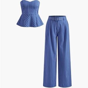 Commense Blue and White Striped Wide Leg Jumpsuit